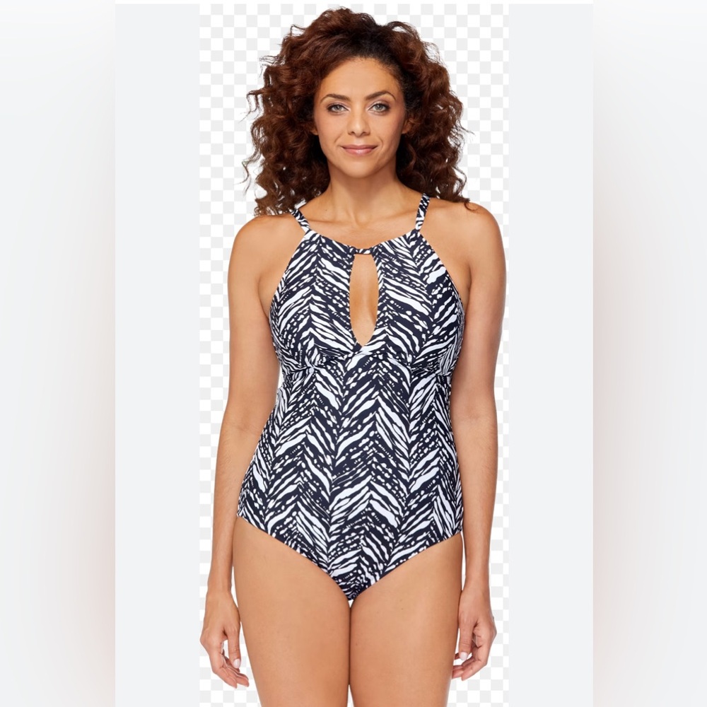 Ellen‎ Tracy women’s10 paisley one piece swimsuit with high neck and keyhole cut